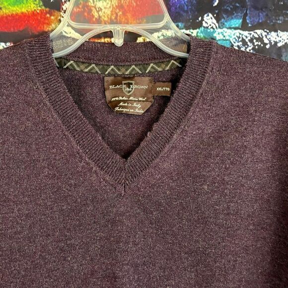 Black Brown V-Neck Pullover Sweater 100% Italian Merino Wool XXL - Picture 3 of 5